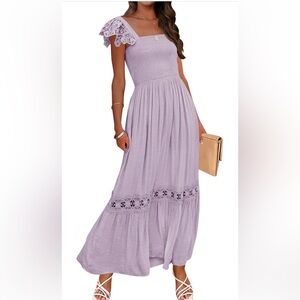Lace Strap Square Neck Smocked High Waist Ruffle Flowy A Line Maxi Dress